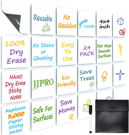 Dry Erase Sticky Notes, Reusable Whiteboard Stickers, 4"x4", 24 Pack for Labels, Lists, Reminders, Washable