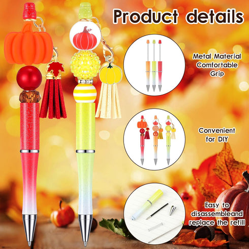 Jutom 12 Pcs Fall Beadable Pens with 50 Pcs Colorful Pumpkin Beads, 12 Tassels, 12 Pendants for Thanksgiving DIY Gift