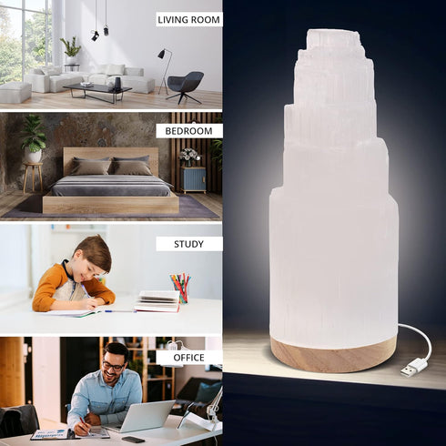 20 cm Selenite Crystal Lamp, Tall, High Energy Skyscraper Lamp with Wooden Base & USB Charging Cable, ETL Certified
