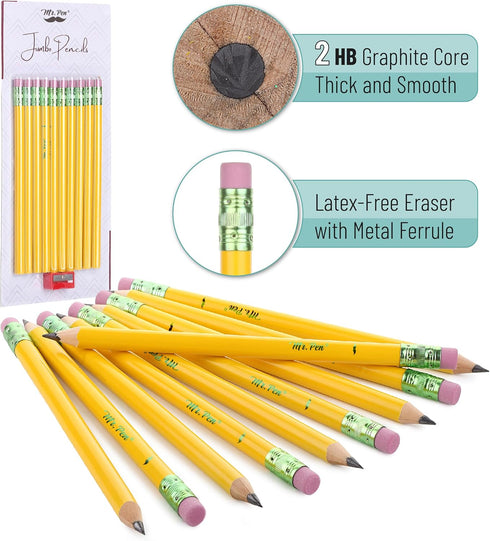 Mr. Pen Jumbo Pencils for Preschoolers, 10 Big Pencils and 1 Sharpener, Fat Pencils for Kindergarten Supplies