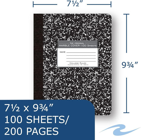 ROARING SPRING Hard Cover Composition Book, 9 3/4" x 7 1/2", College Ruled, 100 sheets, Black Marble Cover (77264)