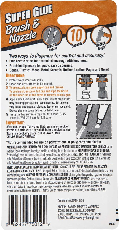 Gorilla Super Glue with Brush & Nozzle Applicator - 10 Gram, Clear, (Pack of 3)