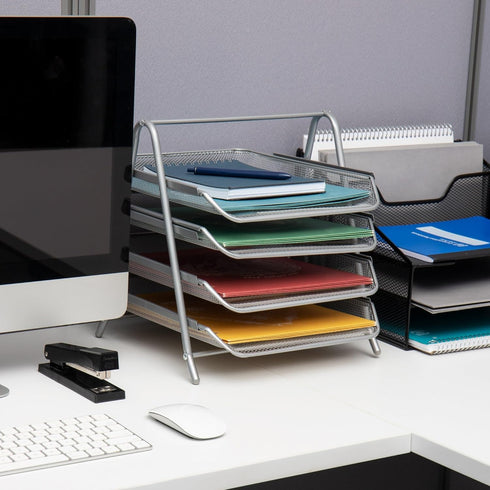 Mind Reader 4-Tier Paper Tray, Desktop Organizer, File Storage, Office, Metal Mesh, 12"L x 13.75"W x 12.5"H, Silver