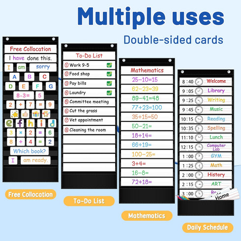 Daily Schedule Pocket Chart, 13+1 Pocket Visual Schedule Chart, 18 Double-Sided Blank Reusable Dry-Eraser Cards
