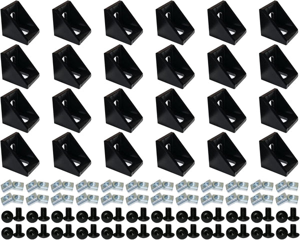 24 Sets Black 2020 Series Aluminum Extrusion Profile Connector Set, 24 pcs Corner Brackets, 48 pcs T-Nuts