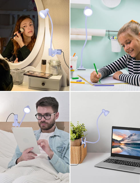 Clip on Lamp USB Reading Light, 3 Color Modes, 10 Brightness Dimmable, Flexible Gooseneck Desk Lamp for Home