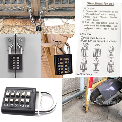 ZENG 10-Digit Push Button Padlock, Unchangeable 5-Digit Combination Lock with Hardened Steel Shackle, Black 2 Pack