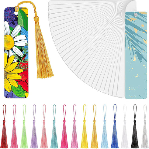 Tenare 30 Pieces Sublimation Blank Bookmarks, Metal Heat Transfer Aluminum with Colorful Tassels for DIY Projects