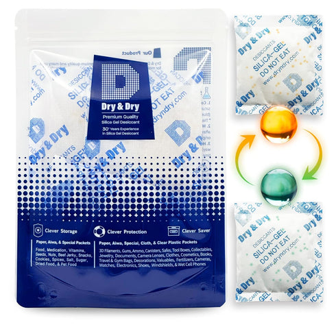 Dry & Dry Orange Indicating Silica Gel Packets - Food Safe Desiccants for Food Storage, 6 Packets (50 Gram)