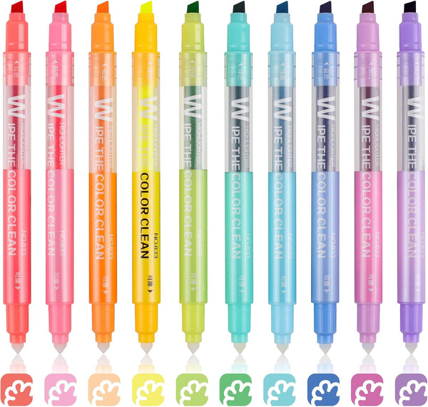 Dual Tip Erasable Highlighters, 10 Colors Assorted Highlighter Pen, Smooth Writing No Bleeding Highlighters for