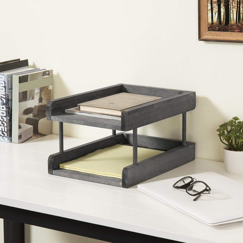 MyGift 2-Tier Rustic Gray Wood Paper File Organizer, In and Out Tray for Office Desktop Document Holder Rack