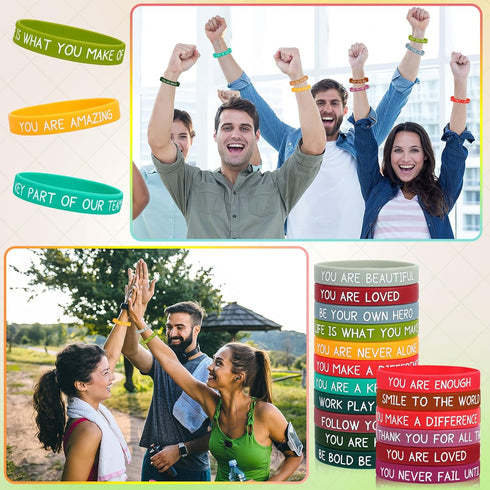 JUNEBRUSHS 64pcs Motivational Silicone Bracelets, Bulk Colored Inspirational Rubber Wristbands for Student Teacher Gifts