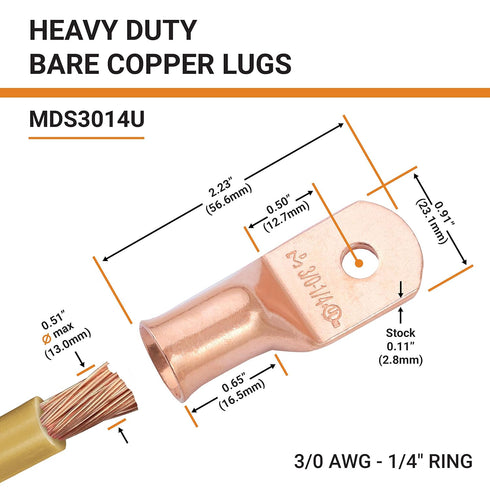 SELTERM 10pcs 3/0 AWG - 1/4" Stud Battery Lugs, Heavy Duty Wire Lugs, UL Bare Copper Eyelets