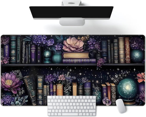 FGRWW Purple Flowers Bookshelf Desk Mat Bookish Desk Pad Celestial Floral Books Large