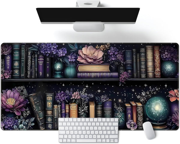 FGRWW Purple Flowers Bookshelf Desk Mat Bookish Desk Pad Celestial Floral Books Large