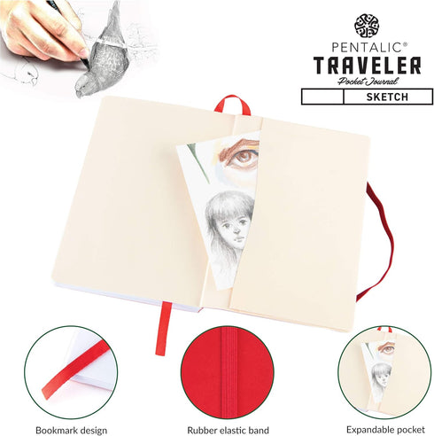 Pentalic Pocket Sketchbook Traveler Journal, 4" x 6", Red, 160 Pages