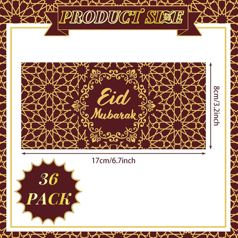 Sinmoe 36 Pcs Eid Mubarak Money Envelopes, 6.7 x 3.2 Inch Gold Foil Cash Gift Card Set for Ramadan Celebration (Red)