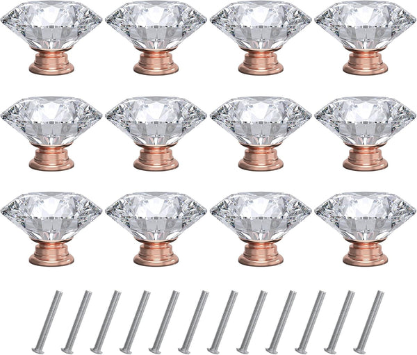 Tomorotec 12-Pack 40mm White Crystal Glass Cabinet Drawer Pull with Pink Base