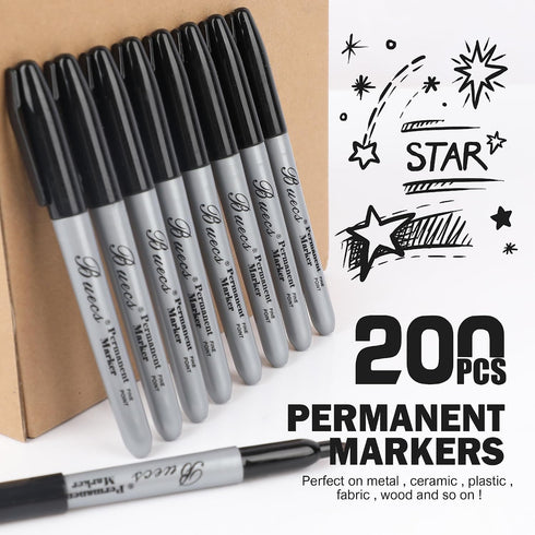 Buecs 200 Count Permanent Markers, Black Permanent Markers, Fine Point, Waterproof & Smear Proof Markers, Quick Drying