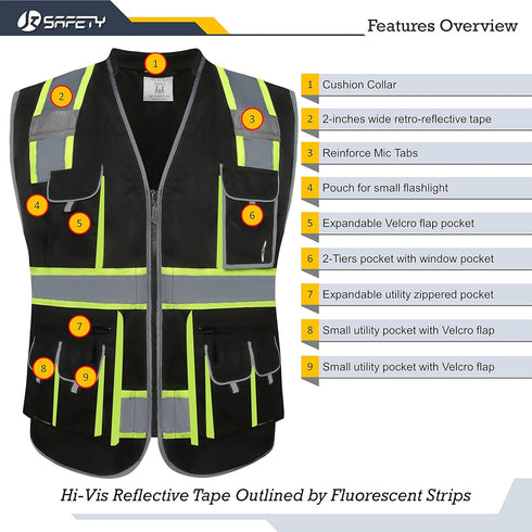 JKSafety Hi-Vis Zipper Front Black Safety Vest, 10 Pockets, Cushioned Collar, Meets ANSI/ISEA Standards
