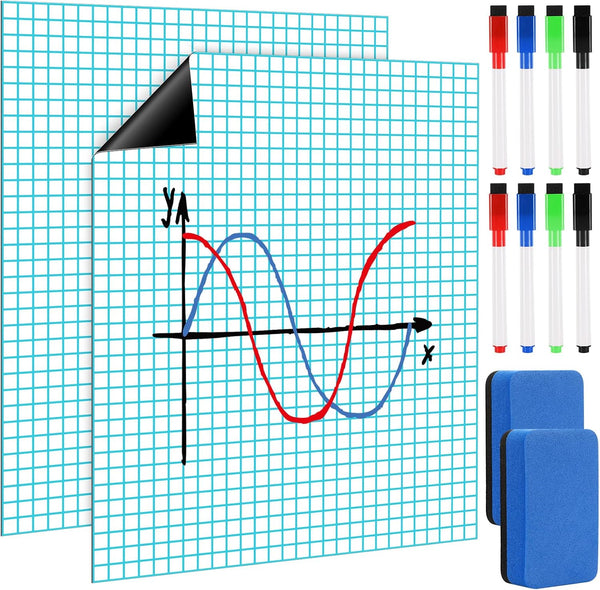 Ctosree 2 Set Jumbo Sized Magnetic Graph Paper 27.95" x 22.05", Dry Erase Grid with Colorful Markers and Erasers