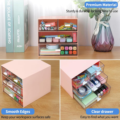 LETURE Desk Organizer with 4 Drawers, Clear Plastic Storage Box for Office Supplies, Gel Pens, Pencils, Pink
