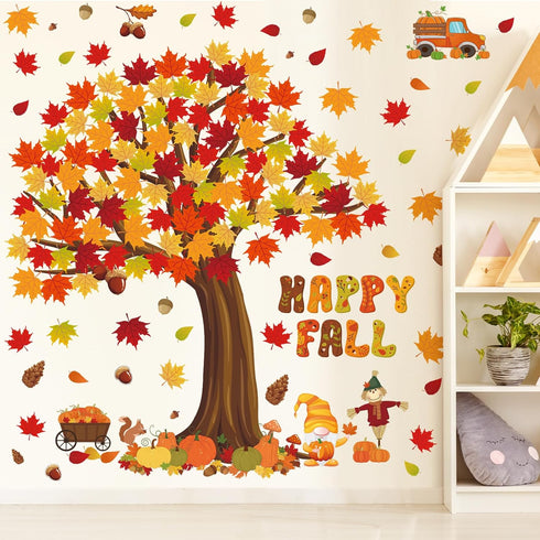 Chivertion 150 Pcs Fall Classroom Tree Bulletin Board Set, Happy Fall Decorations with Maple Leaves and Pumpkins