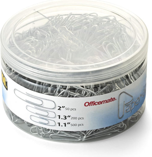 Officemate 750 Paper Clips, Vinyl Coated, Assorted Sizes, Reusable Storage Tub for Office, School and Home Use, Silver