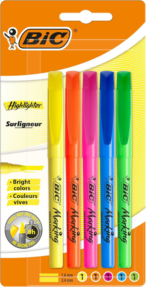 Bic Highlighter Pen Set, Ideal for Home, Office, and School, Assorted Colours, Pack of 5