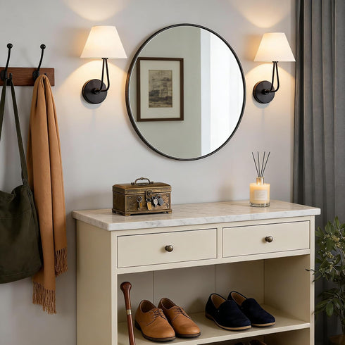 Generic Modern White Linen Wall Sconce, Handcrafted Wall Mounted Lamp with Double-Angle Arm, Hardwired Light Fixture