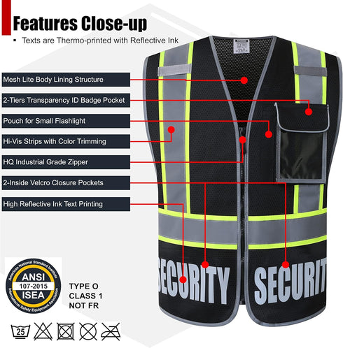 Heavy Duty Black Mesh Retro-Reflection Security Safety Vests with 5 Pockets and Front Zipper, Meet ANSI/ISEA 107-2015