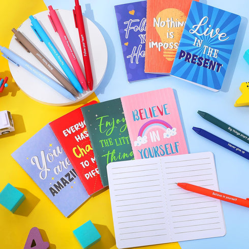 Funrous 32 Pcs Mini Motivational Journal Gift Set with Inspirational Notepads, Ballpoint Pen, Small Notebooks for