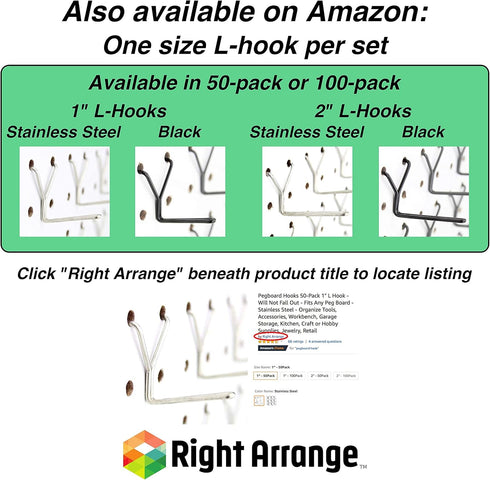 Steel Pegboard Hooks 50-Pack, 1" + 2” L Hook, Black - Fits Any Peg Board, Organize Tools, Accessories, Garage Storage