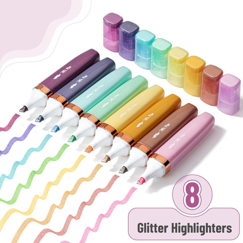 Mr. Pen Glitter Highlighters, 8 Pack, Chisel Tip in Pastel and Metallic Colors, Sparkly Aesthetic Highlighters