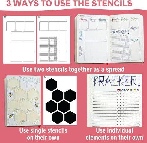 Speedy Spreads Journal Stencils x6 (Weekly Layouts #3) for A5 Bullet Dot Grid Journal Notebook by Sunny Streak.