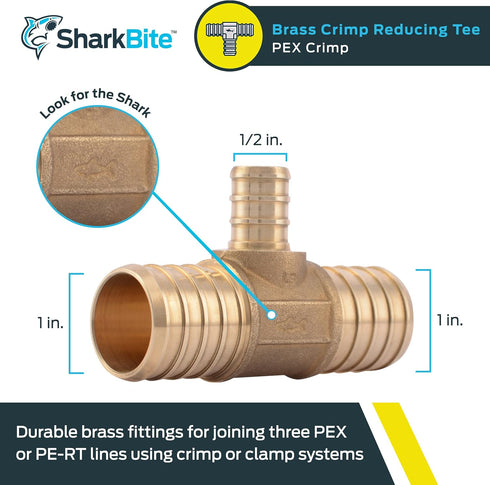 SharkBite 1 Inch x 1 Inch x 1/2 Inch Crimp Reducing Tee, Brass Plumbing Fitting, PEX Pipe, PE-RT, UC415LFA by SharkBite