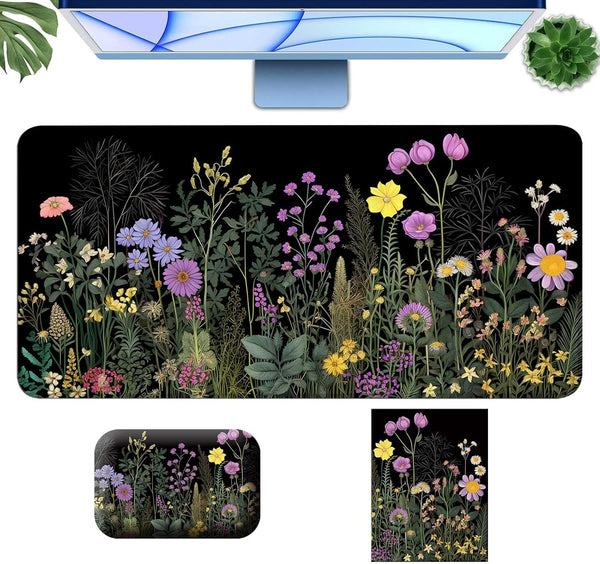 Large Wild Flower Gaming Mouse Pad & Wrist Rest, Desk Mat + Small Mouse Pad, Office Supplies, Desk Accessories