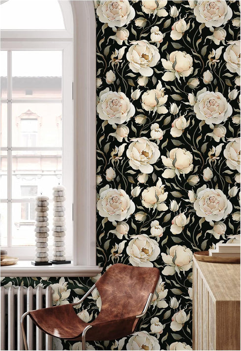 HAOKHOME 93242-1 Peel and Stick Wallpaper - Floral Vintage Roses Contact Paper Removable Black/Beige/Olive