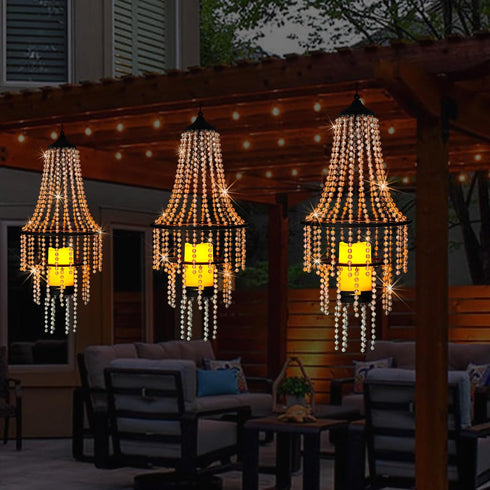 SUNNYPARK 28 Hanging Candle Lantern Outdoor, Battery Operated Modern Clear Acrylic Crystal Chandeliers with Flickering