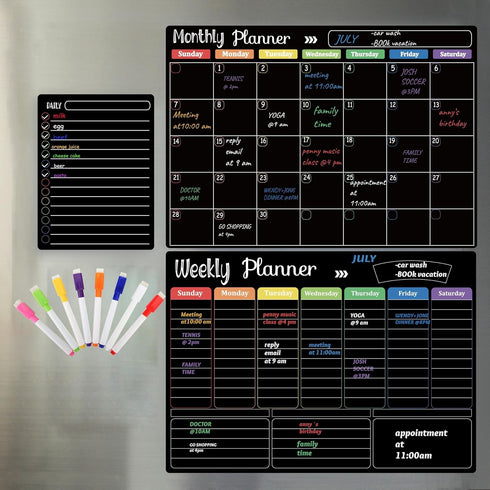 Hivillexun Magnetic Black Dry Erase Calendar White Board Set (3-Pack) for Home & Office, Includes 8 Markers