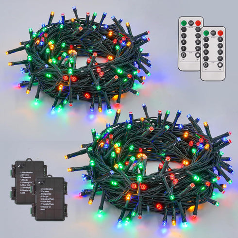 YEGUO Christmas Lights Battery Operated, 2 Pack Each 33ft 100 LED Multicolor