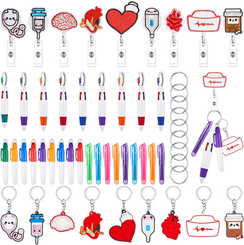 Henoyso 54 Pcs Mini Highlighter Nurse Pens Bulk with Keychain, Retractable Badge Reel, Marker Pen for Nurses Gift