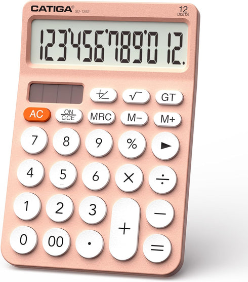 CATIGA 12 Digit Desktop Calculator, Large LCD Display, Round Design Big Button, Solar and Battery Dual Power