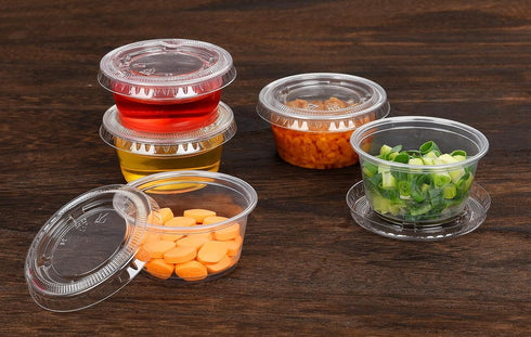 EDI Clear Disposable Plastic Portion Cups with Leakproof Lids, 2 Oz, 100 Sets, BPA Free, Recyclable Jello & Dipping