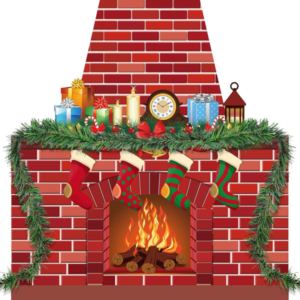 TaoBary Christmas Cardboard Fireplace, 35.4 x 38.6 Inch Red Brick Bulletin Board Decoration with PVC Garland