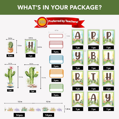Decorably 77 Pcs Cactus Classroom Decor - Birthday Board Set for Classroom, Cactus Themed Decorations