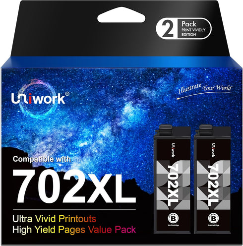 Uniwork Remanufactured 702XL Ink Cartridge, Replacement for Epson 702XL, High Yield, 2 Black for Workforce Pro Printers