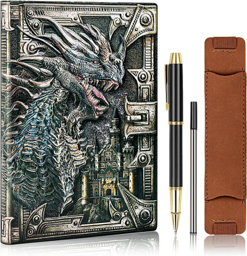 DND Dragon Notebook - 3D Embossed Leather Journal with Black Ballpoint Pen & Sleeve, A5 Vintage Travel Diary