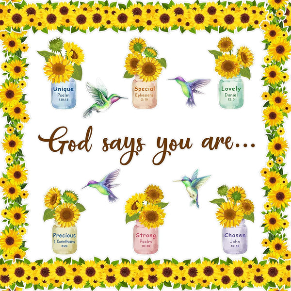 Christian Bulletin Board Decorations Sunflower Theme Inspirational Sets with Hummingbird Flower Jar Cutouts