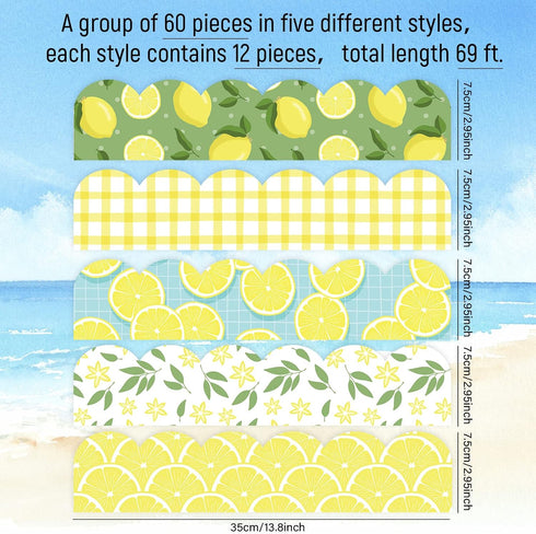 Whaline 69 Feet Summer Lemon Bulletin Board Borders Lemon Decorative Trim Border in 5 Designs Self-Adhesive Lemon Trim Blackboard Border Classroom Back to School Decorations, 60Pcs by Whaline